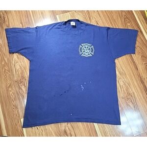 90s Vtg Jerzees Fire Fighter SHELCO T Shirt XL‎ Single Stitch Thrashed Blue
